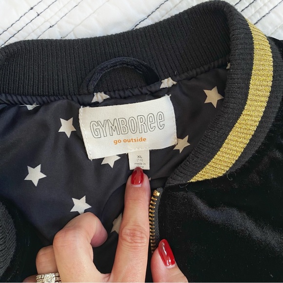 Girls Bomber Jacket In Black Velour & Gold Trim Star Lining By Gymboree size 14 - Picture 3 of 6